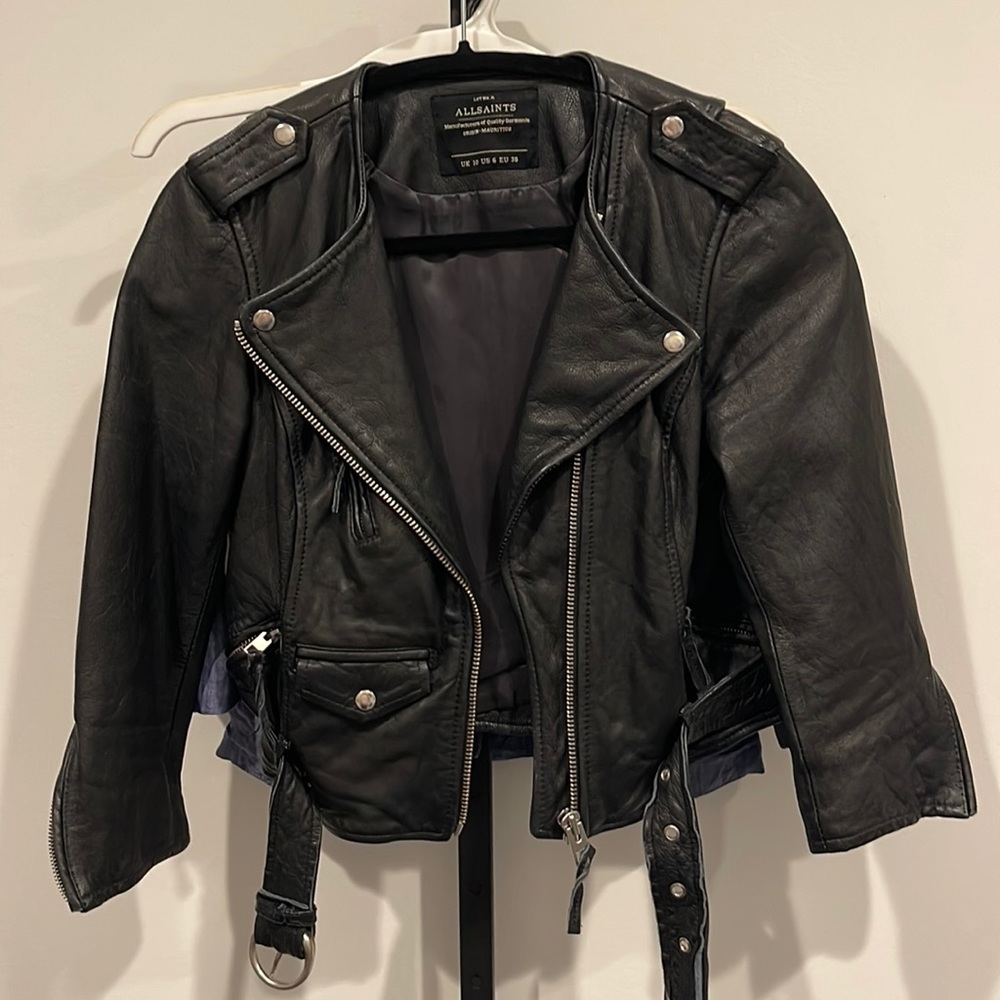 All Saints Cropped Black Leather Jacket 6